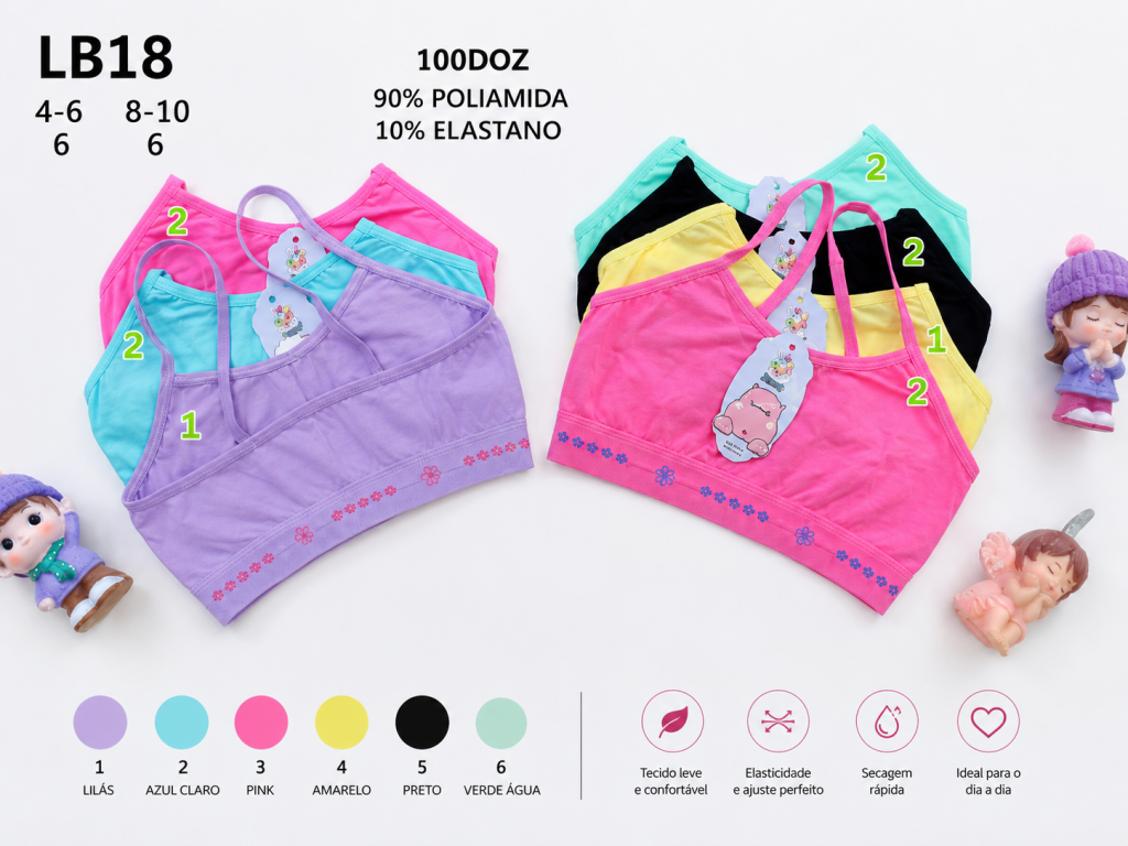D Sutiã Infantil Modelo Alça LB18 Diversas Cores Pac C/12 UN, Colocar no Carrinho Somente Multiplos do Pac.