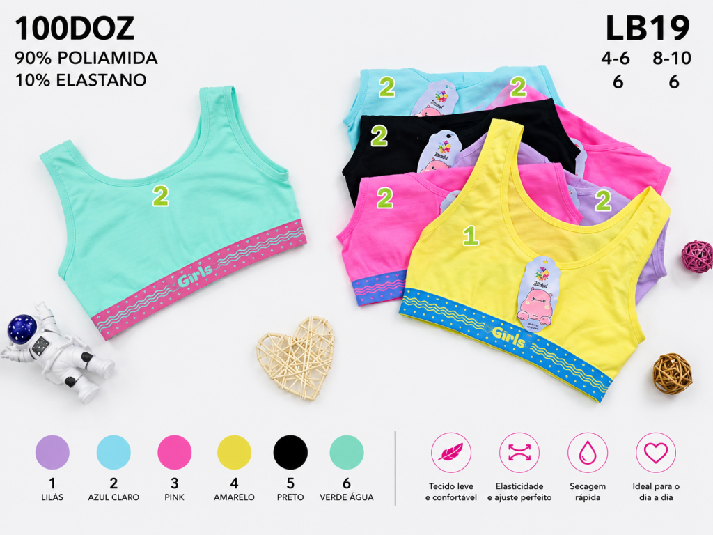 D Sutiã Infantil Modelo Alça Larga LB19 Diversas Cores Pac C/12 UN, Colocar no Carrinho Somente Multiplos do Pac.