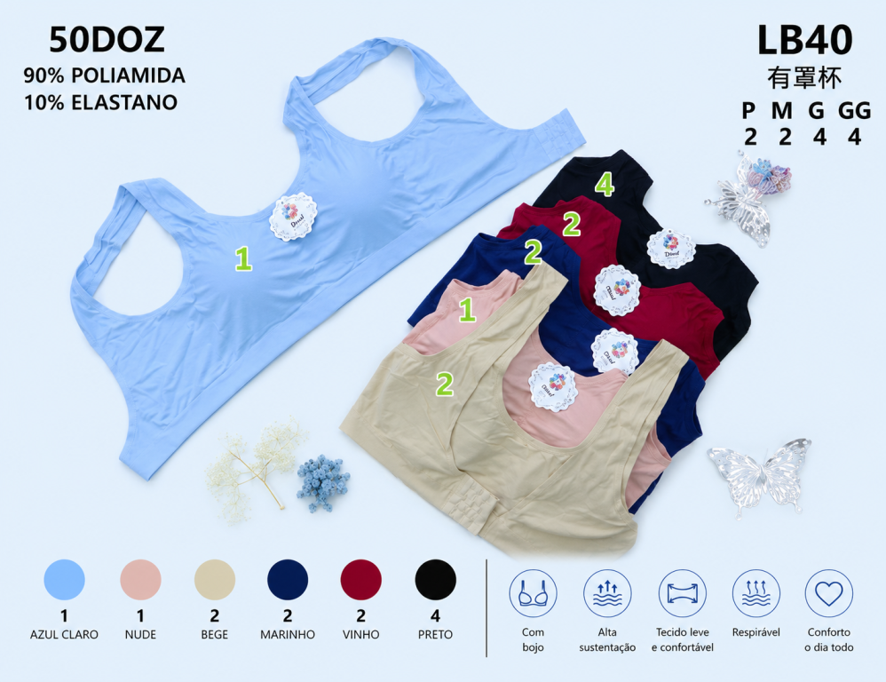 D Sutiã Infantil s/ Costura Abertura Atrás LB40 Diversas Cores Pac C/12 UN, Colocar no Carrinho Somente Multiplos do Pac