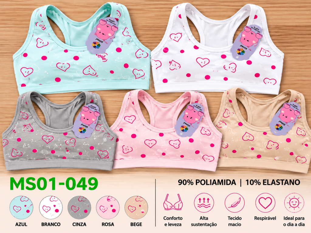 D Sutiã Infantil Corações Modelo MSO 1-049 Diversas Cores Pac C/12 UN, Colocar no Carrinho Somente Multiplos do Pac.