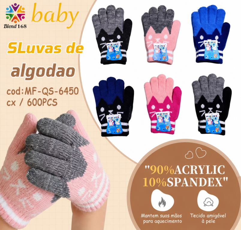 F Luva Infantil Gatinho Winter MF-QS-6450 Diversas Cores Pac C/12, Colocar no Carrinho Somente Multiplos do Pac.
