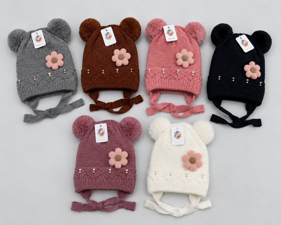 F - Gorro Infantil Ursinha com Flor MF-TM-6018 Diversas Cores Pac C/12, Colocar no Carrinho Somente Multiplos do Pac.