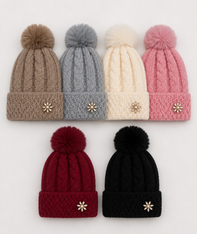 F - Gorro Feminino Pompom e Flor F-DM-6033 Diversas Cores Pac C/12, Colocar no Carrinho Somente Multiplos do Pac.