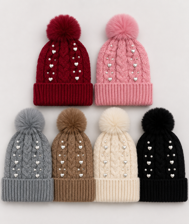 F - Gorro Feminino Tricô Pérolas Pompom F-DM-6034 Diversas Cores Pac C/12, Colocar no Carrinho Somente Multiplos do Pac.