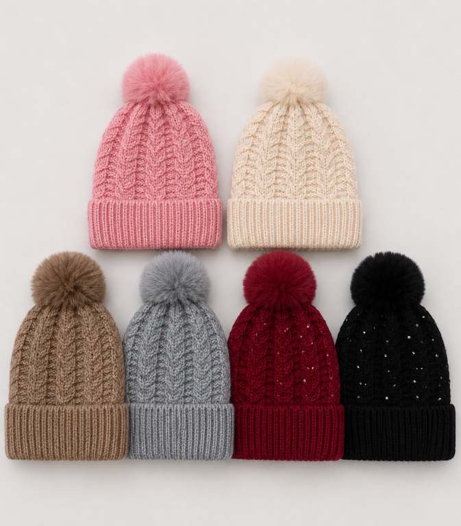 Gorro Feminino Tricô com Pompom  Strass F-DM-6034 Diversas Cores Pac C/12, Colocar no Carrinho Somente Multiplos do Pac.