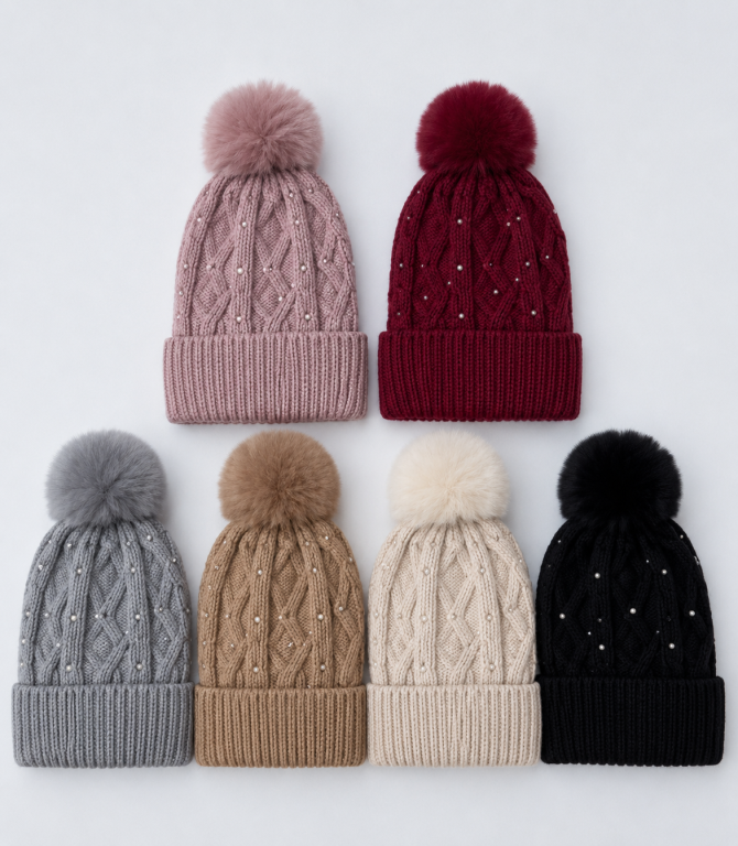 F - Gorro Feminino Pérolas Luxo Pompom F-DM-6043 Diversas Cores Pac C/12, Colocar no Carrinho Somente Multiplos do Pac.