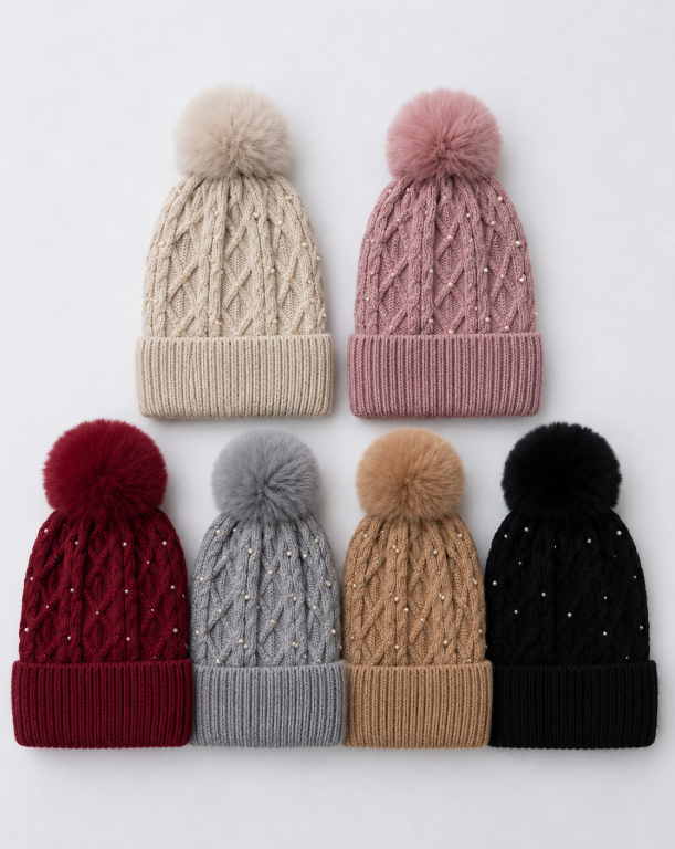 F - Gorro Feminino Tricô Pérolas Pompom F-DM-6044 Diversas Cores Pac C/12, Colocar no Carrinho Somente Multiplos do Pac.