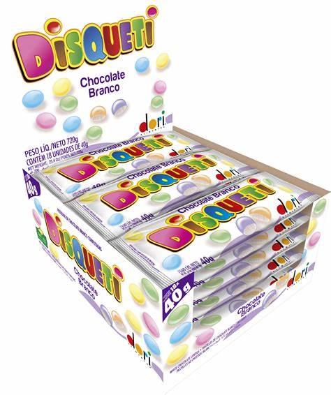 DISQUETI CHOCOLATE BRANCO CONFEITADO 24X18G DORI Cx C/9