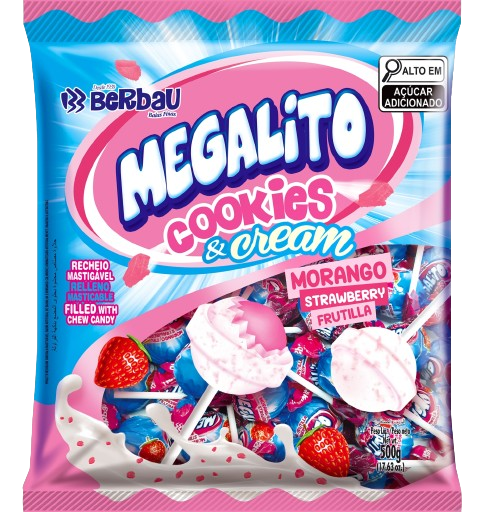 PIRULITO MEGALITO COOKIES & CREAM MORANGO 1KG BERBAU CX C/14
