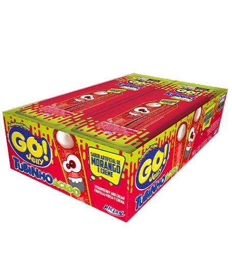 BALA TUBINHO GO JELLY MINI MORANGO ACIDO 12UNX15G RICLAN CX C/12