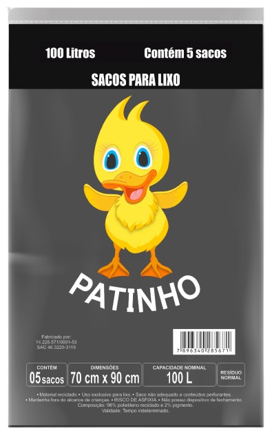 SACO P/ LIXO 100LT PRETO FD C/25PCTx5UN PATINHO CX C/5 FD