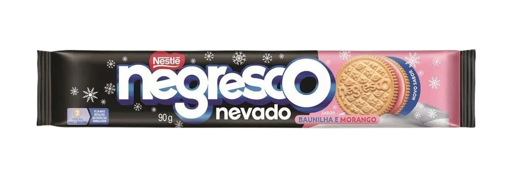 BISC. RECHEADO NEGRESCO NEVADO BAUNILHA E MORANGO 90G NESTLE CX C/66UN