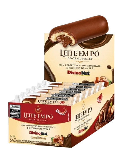 DOCE GOURMET LEITE EM PO C COBERTURA SABOR CHOCOLATE E RECHEIO DE AVELÃ DP 18X30G DIVINONUT