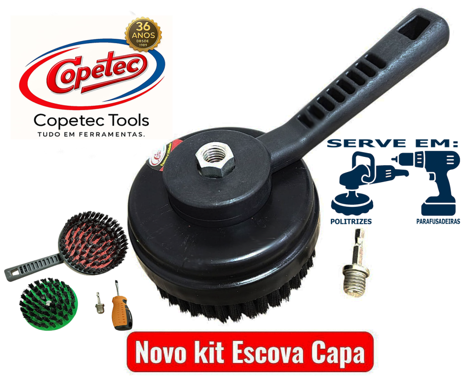 Escova de limpeza com Capa Rotativa para uso em parafusadeiras e politrizes com 2 escovas internas eixo adaptador