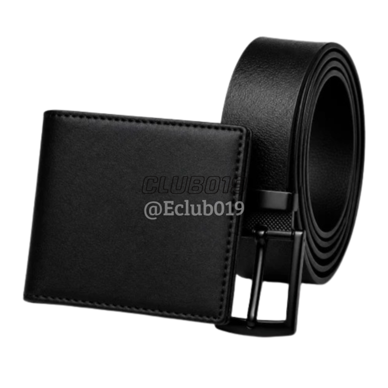 KIT CARTEIRA MASCULINA COURO P.U LISA + CINTO COURO MONTANA FIVELA PRETA 125CM
