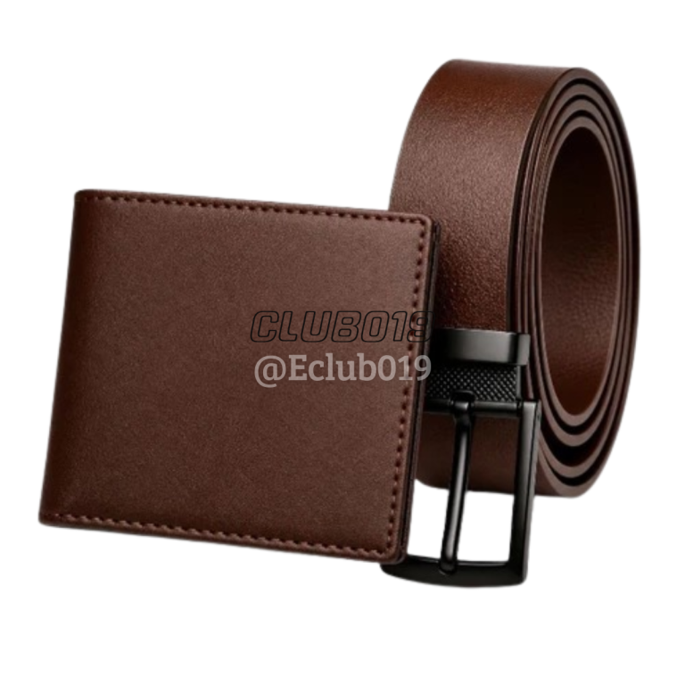 KIT CARTEIRA MASCULINA COURO P.U LISA + CINTO COURO MONTANA FIVELA MARROM 125CM