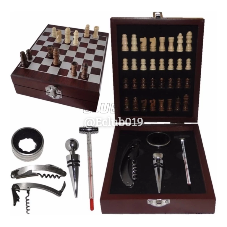 KIT VINHO 4 Peças + Maleta + Jogo Xadrez Madeira