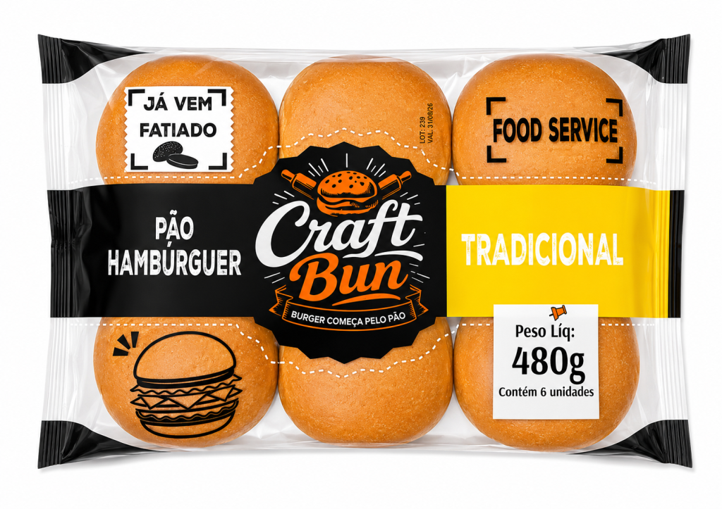 Pão Tradicional Craft Bun 80g - Pacote c/ 6 Un, Caixa c/ 8 Pacote, 48 Un