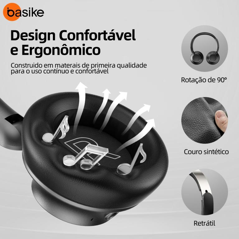 Basike Fones de Ouvido Bluetooth com Cancelamento de Ruído, Headphone ANC Adaptáveis, Conexão Dupla, Dobráveis, 50h BAT