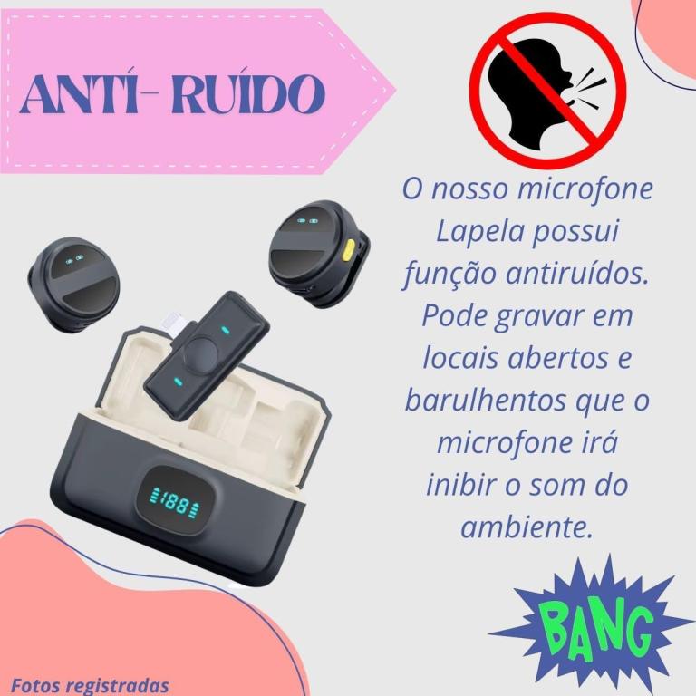 Microfone de Lapela Sem Fio Duplo Anti-Ruído Bluetooth Compatível com iPhone e Android Estojo Carregador PEI-MKF11