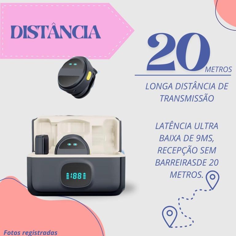Microfone de Lapela Sem Fio Duplo Anti-Ruído Bluetooth Compatível com iPhone e Android Estojo Carregador PEI-MKF11