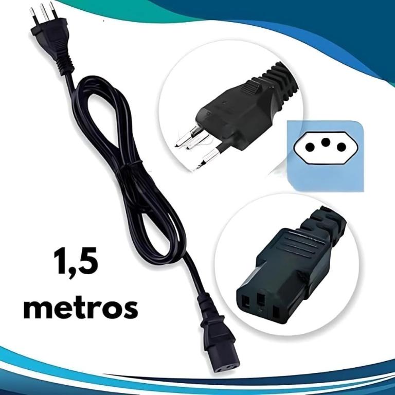 Cabo de Força 3 Pinos Tripolar Universal 1,5m para PC, Monitor, Fonte, Impressora, TV – Bivolt – Padrão Novo Inmetro
