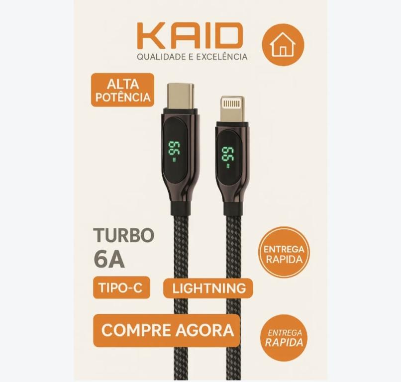 Cabo Turbo Kaidi 6A c/ Display - Tipo-C ou Lightning
