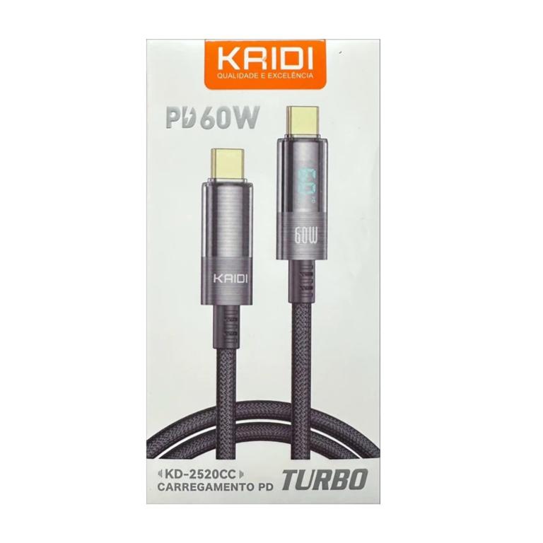 Cabo de Carregamento trançado reforçado Turbo PD 60W Tipo C para Tipo C 1000mm Kaidi KD-2520CC