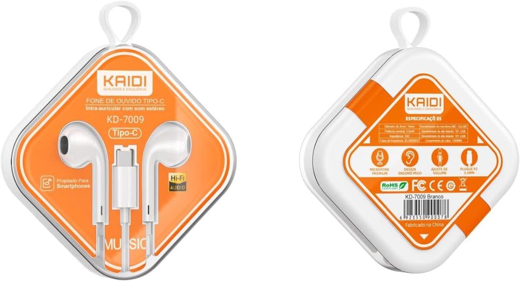 Fone de Ouvido Tipo-C Intra-auricular com som estéreo Kaidi KD-7009