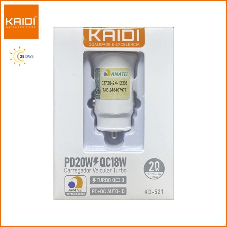 Carregador Veicular Turbo 20W Fonte com Saída dupla 1 USB e 1 Tipo C Kaidi KD-521