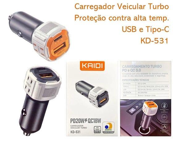 Carregador Veicular Turbo Pd20w Qc18w Kaidi Kd-531 2 Portas