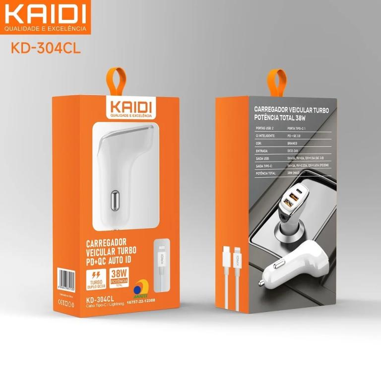 Carregador Veicular Turbo com cabo de Tipo-C para Lightning KAIDI KD-304CL