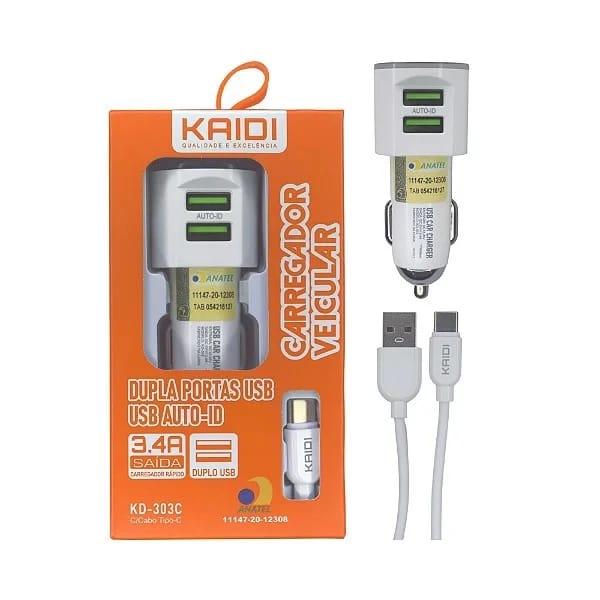 Carregador Veicular Duas Saídas 3.4a Kd-303c + Cabo C