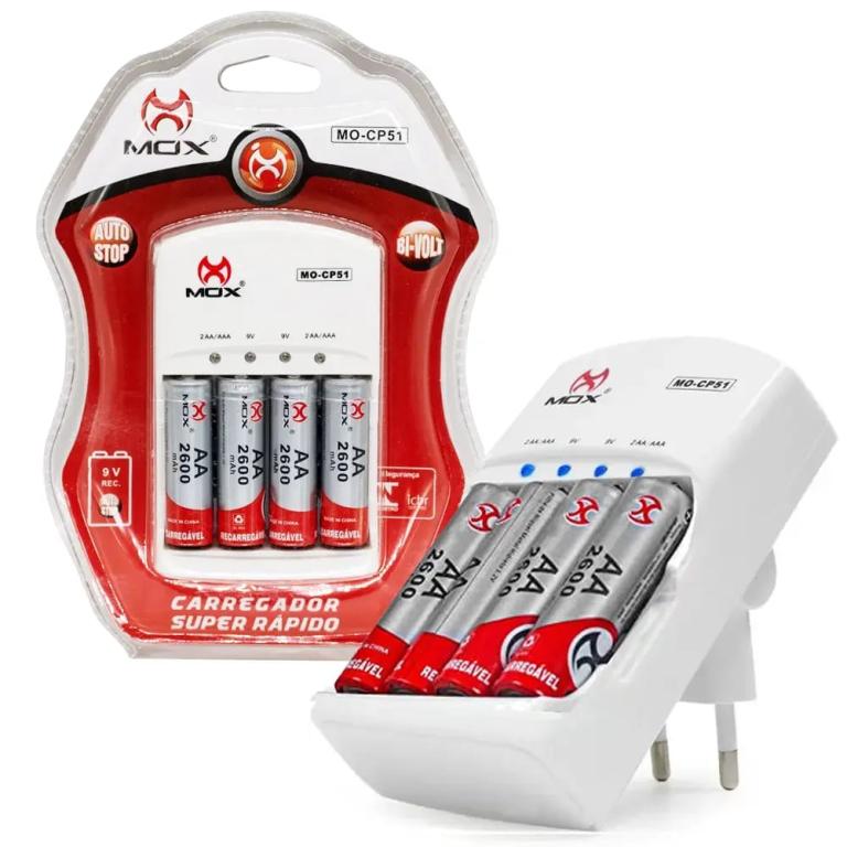 Mox - Carregador de Pilhas e Baterias com 4 Pilhas Aa 2600 mAh Mo-CP51