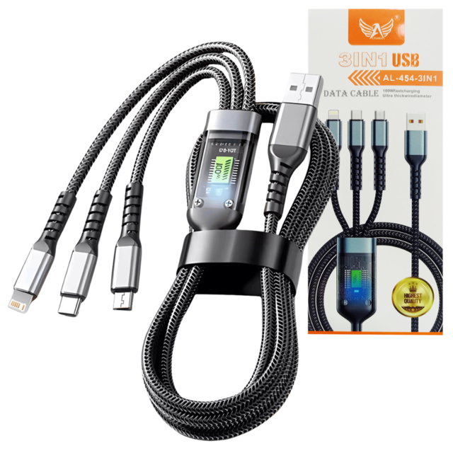 Cabo Carregador 3 in 1 conexão Tipo-C / V8 / Lightning de 1 metro 100W Altomex AL-454-3IN1