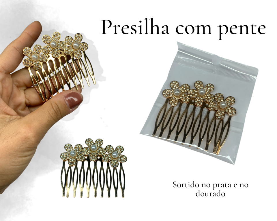 PRESILHA FLOR C/ STRASS E PENTE 6cm