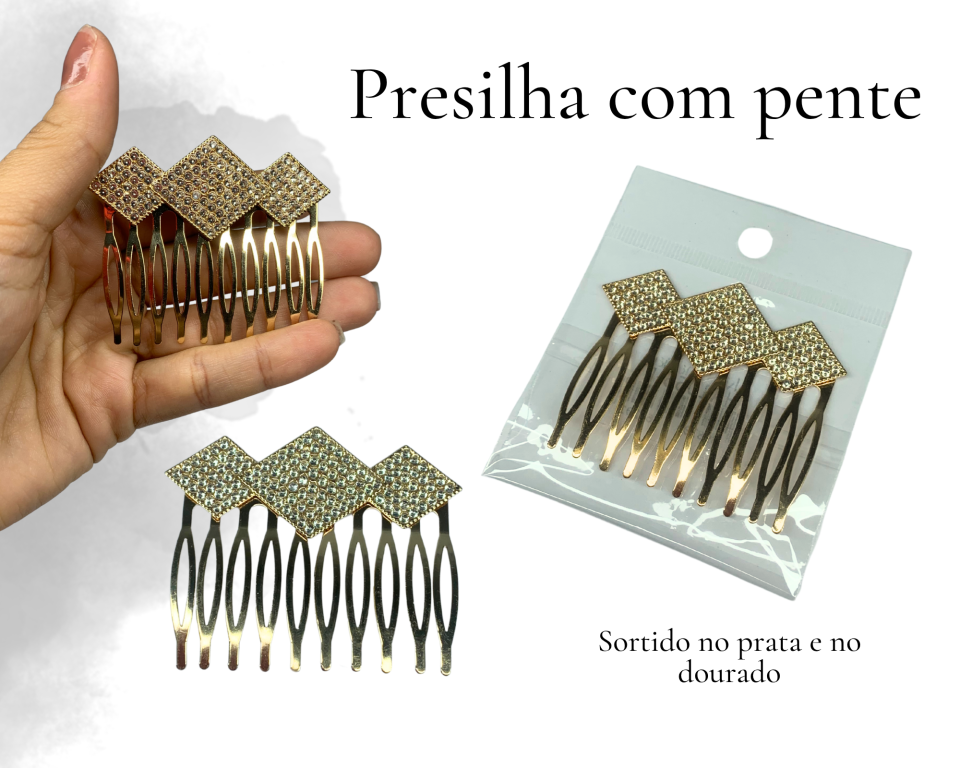 PRESILHA LOSANGO STRASS C/ PENTE 6cm