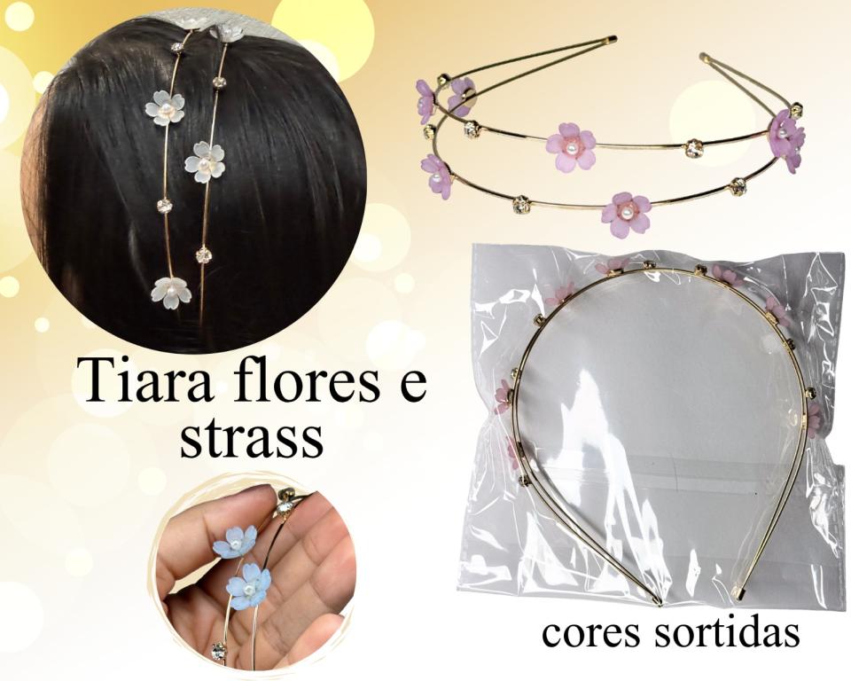 TIARA METAL DUPLA FLORES ,STRASS E PEROLA