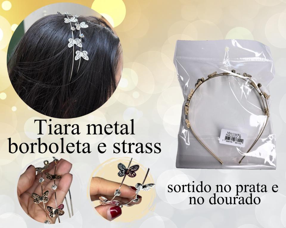 TIARA METAL DUPLA BORBOLETA E STRASS