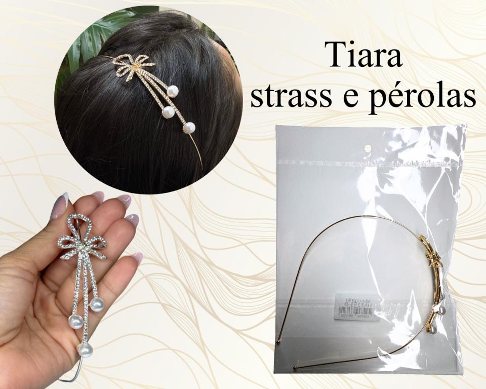 TIARA METAL LAÇO STRASS E PEROLA