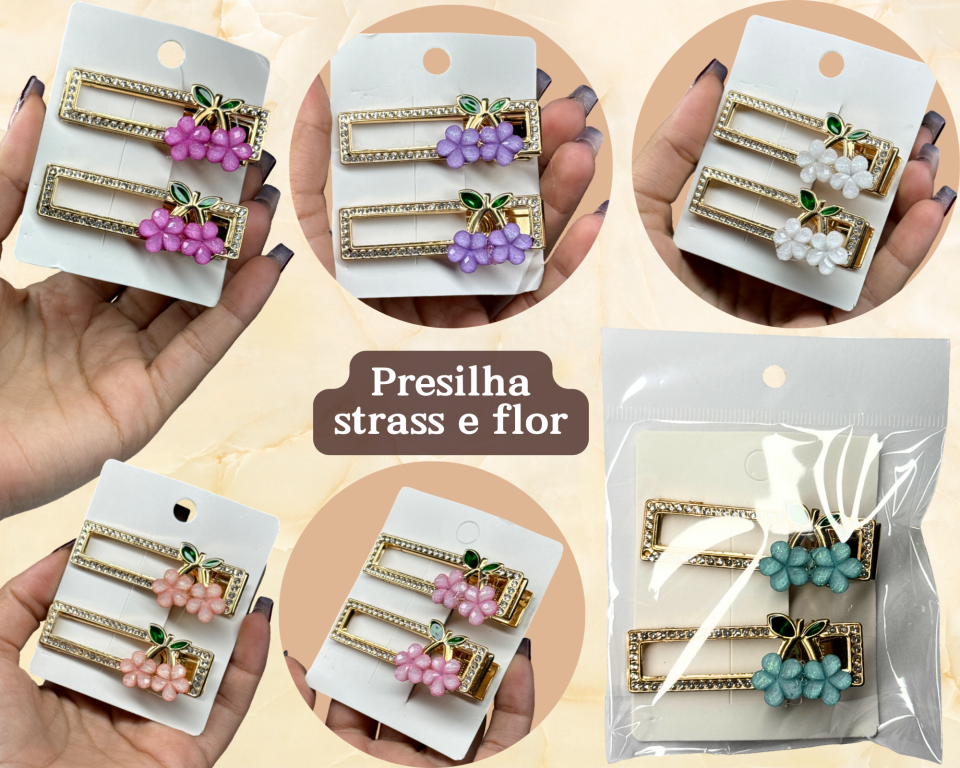 PRESILHA RETANGULO STRASS C/ FLOR C/2