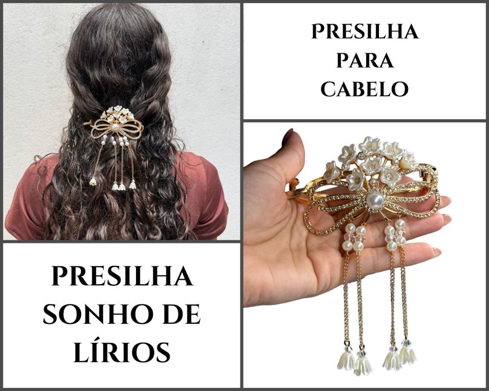 PRESILHA PARA CABELO SONHO DE LIRIOS, PEROLAS E STRASS