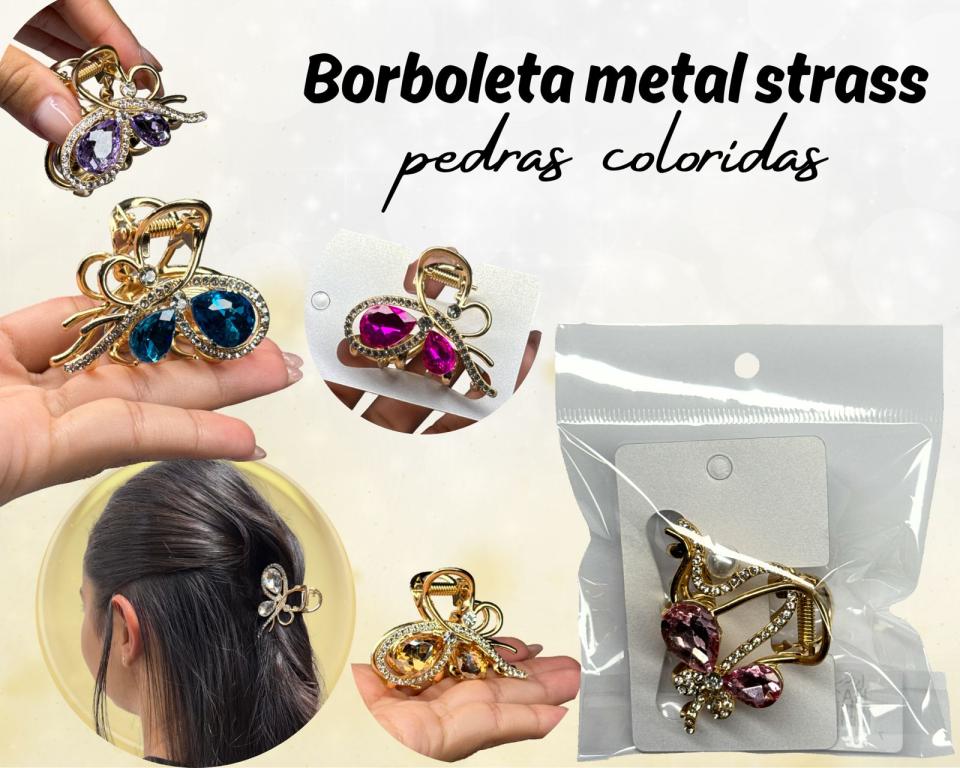 PREGADEIRA BORBOLETA METAL STRASS E PEDRAS