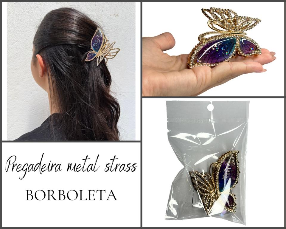 PREGADEIRA METAL BORBOLETA STRASS E PEDRAS