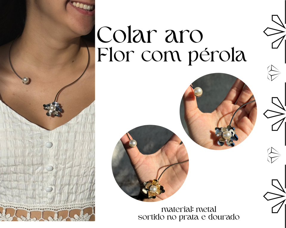 COLAR CHOCKER ARO ABERTO FLOR E PEROLA