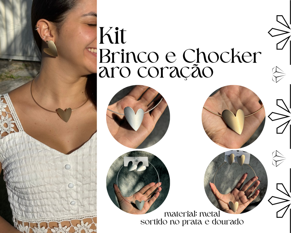 CONJUNTO CHOCKER ARO E BRINCO CORAÇÃO