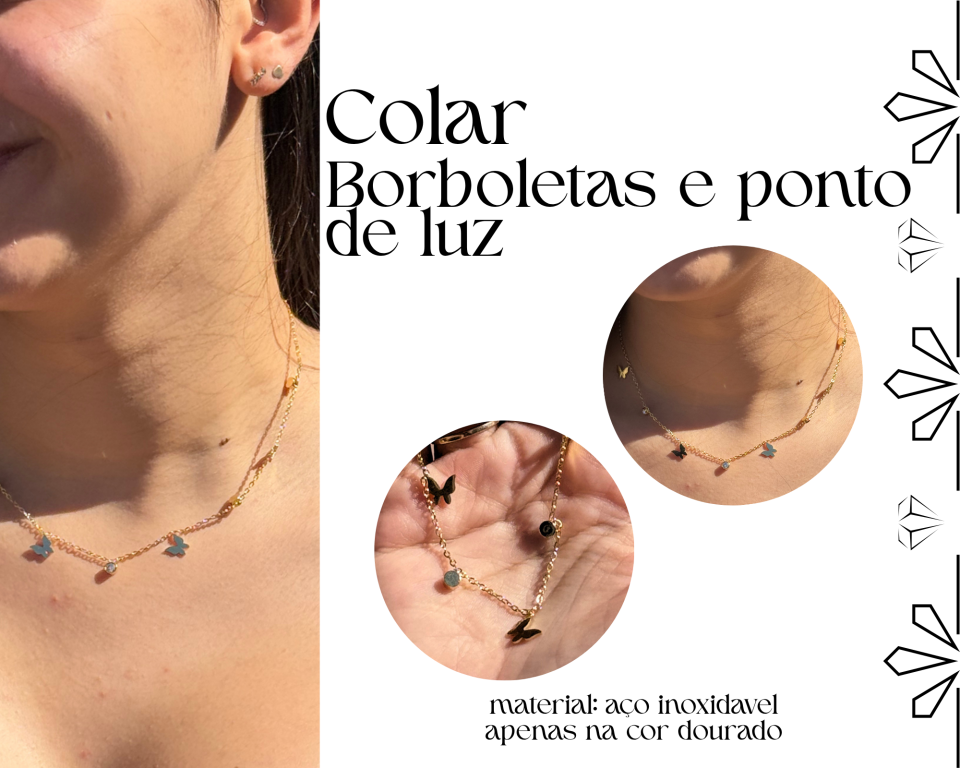 COLAR BORBOLETAS E STRASS AÇO INOXIDAVEL