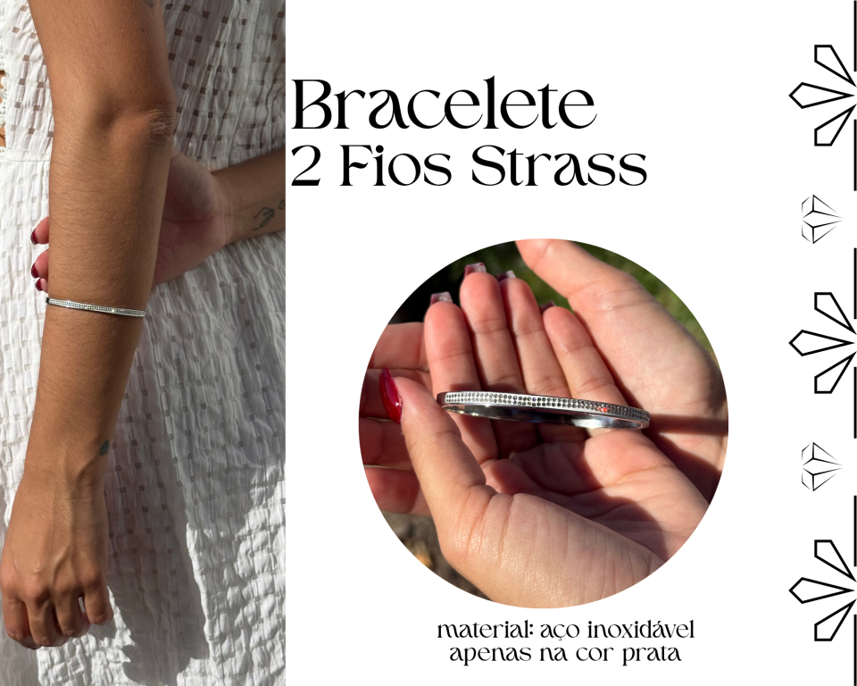 BRACELETE 2 FILEIRAS STRASS AÇO INOXIDAVEL PRATA