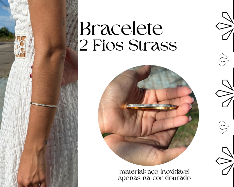 BRACELETE 2 FILEIRAS STRASS AÇO INOXIDAVEL DOURADO