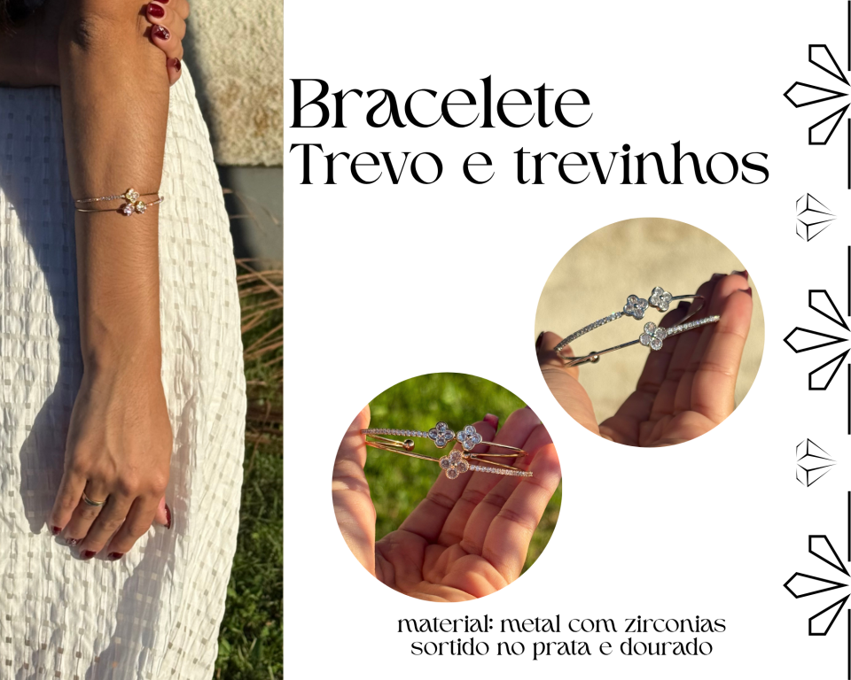 BRACELETE ARO DUPLO ABERTO TREVINHOS C/ ZIRCONIAS
